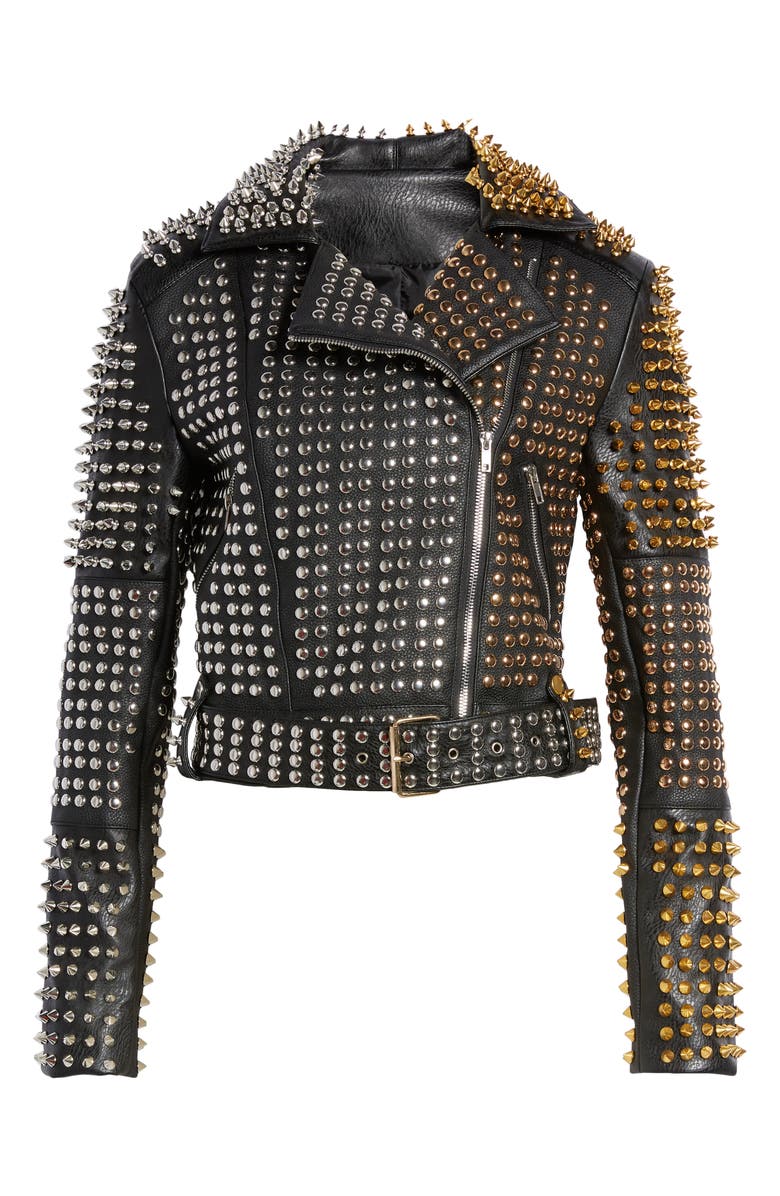 AZALEA WANG Studded Faux Leather Belted Moto Jacket, Alternate, color, Black