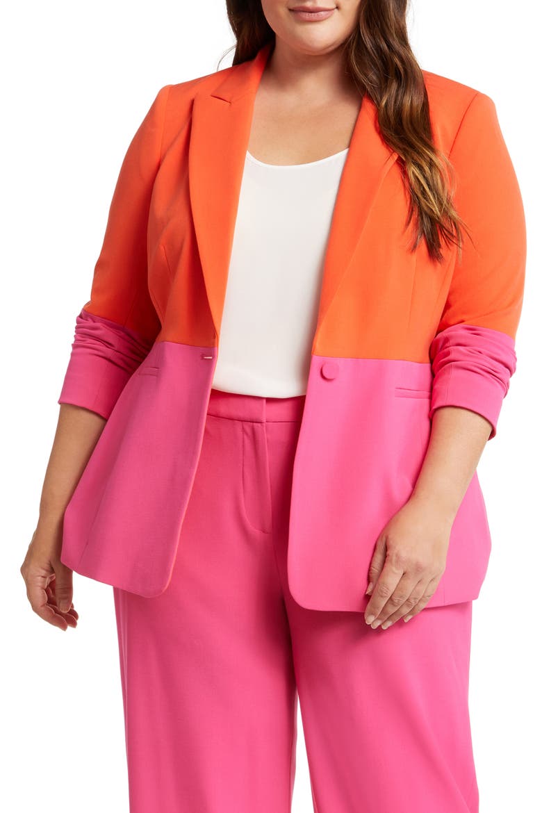 Colorblock Peak Lapel Blazer, Main, color, TOMATO/ HOT PINK