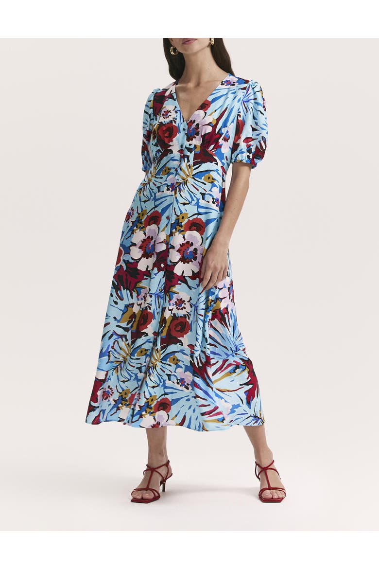 Sarah Floral Button Down Midi Dress, Alternate, color, Aqua Floral