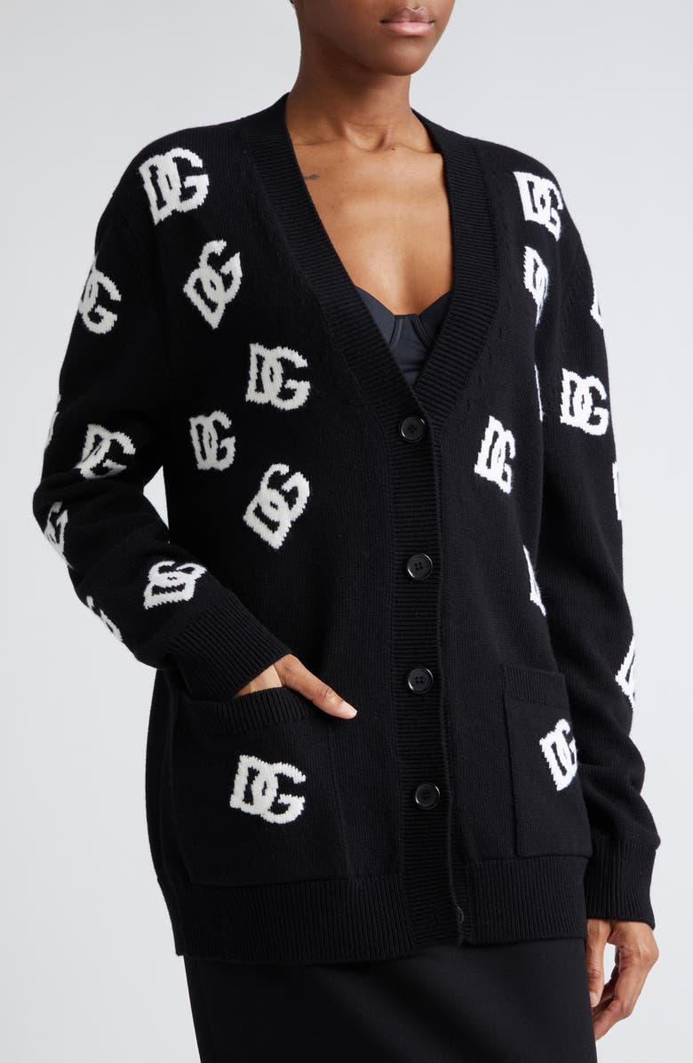 Dolce&Gabbana DG Logo Intarsia V-Neck Cashmere Cardigan, Alternate, color,