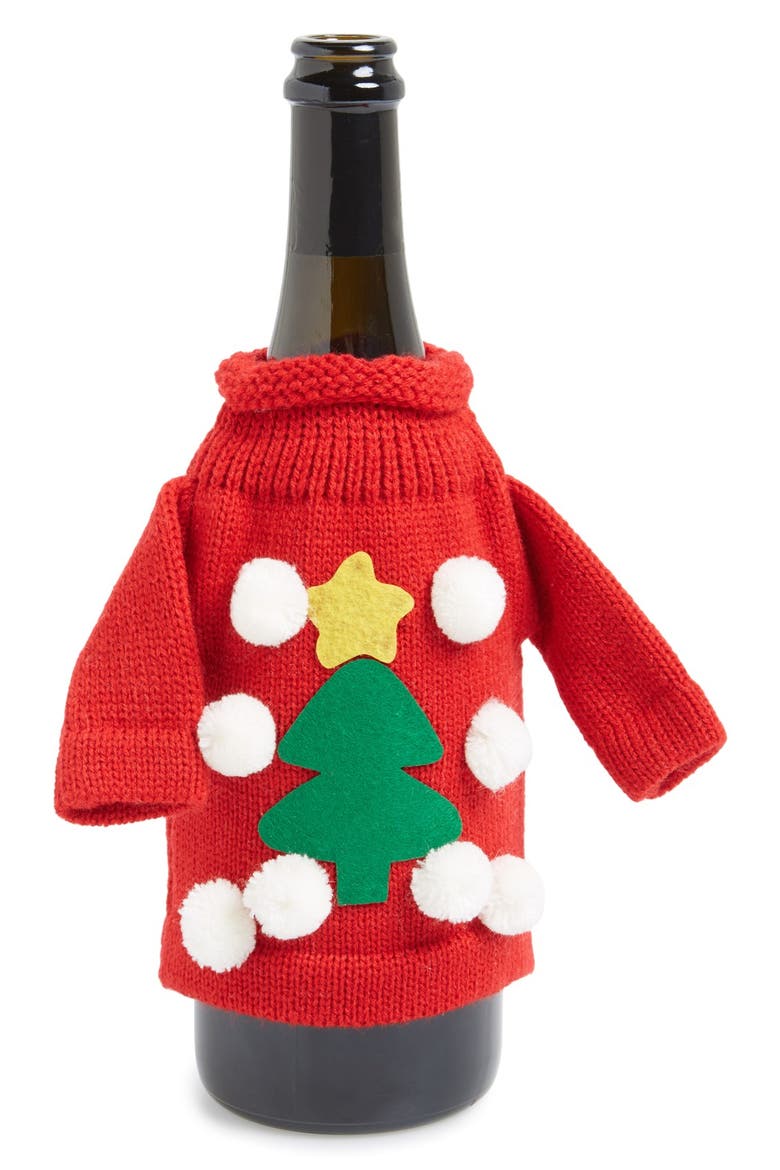 'Ugly Sweater' Knit Wine Bottle Cover, Main, color, RED
