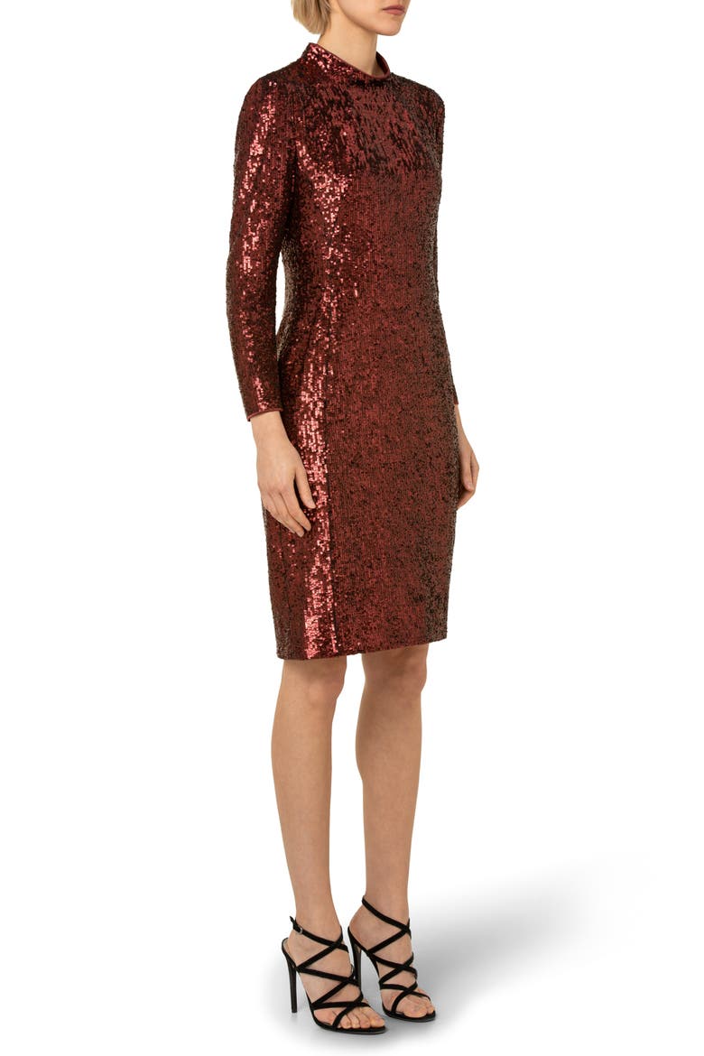Sequin Mock Neck Sheath Dress, Alternate, color, MARSALA