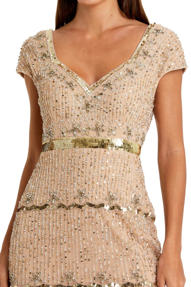 Petite Beaded Sweetheart Cap Sleeve Tiered Gown, Alternate, color, Nude