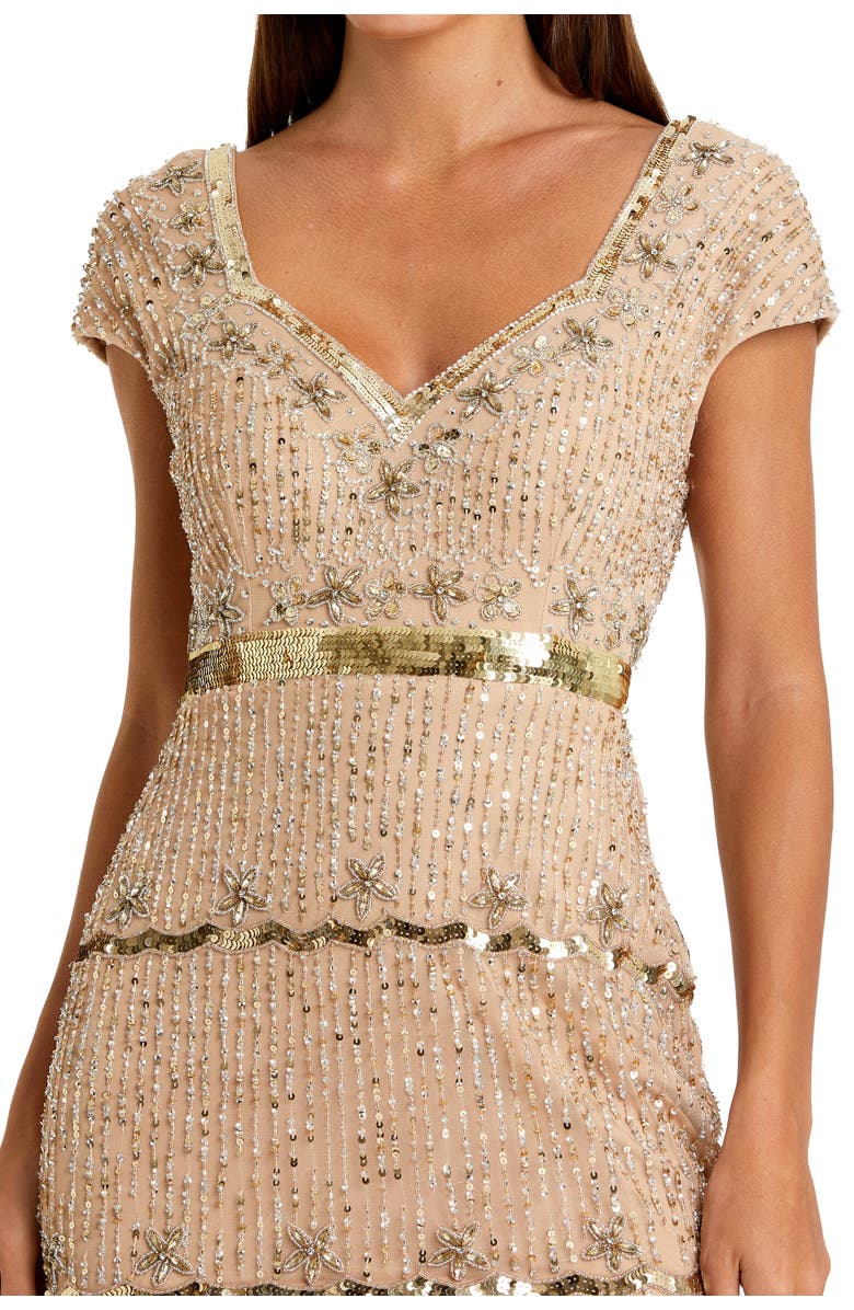 Mac Duggal Petite Beaded Sweetheart Cap Sleeve Tiered Gown, Alternate, color, Nude