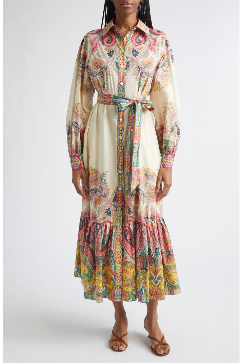 Placed Paisley Long Sleeve Belted Midi Shirtdress, Main, color, PRINT ON WHITE BASE