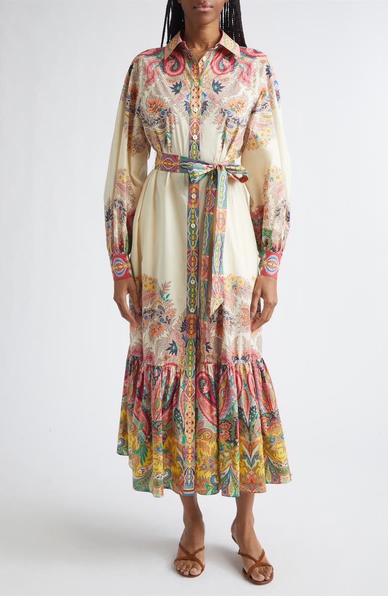 Etro Placed Paisley Long Sleeve Belted Midi Shirtdress, Main, color, Print On White Base