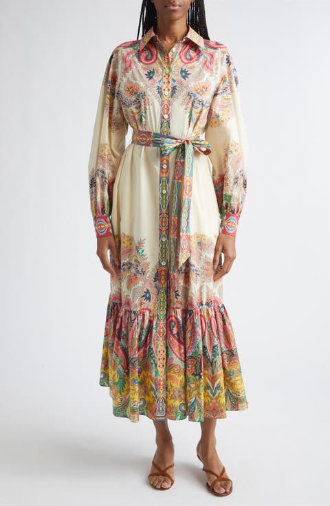 Placed Paisley Long Sleeve Belted Midi Shirtdress