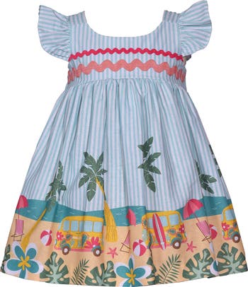 Kids' Ric Rac Beach Scene Border Print Dress