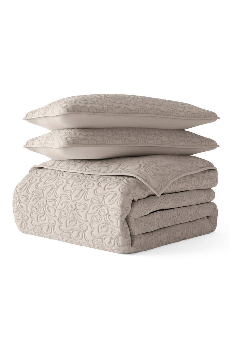 All Season Floral Stitch 3-Piece Down Alternative Quilt Set, Main, color, LATTE