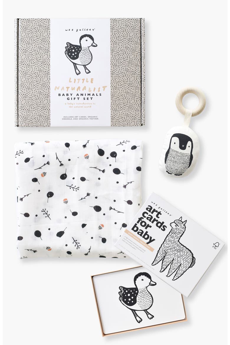 Newborn Gift Set with Swaddle Blanket, Wooden Teether and Art Cards for Baby, Main, color, Penguin