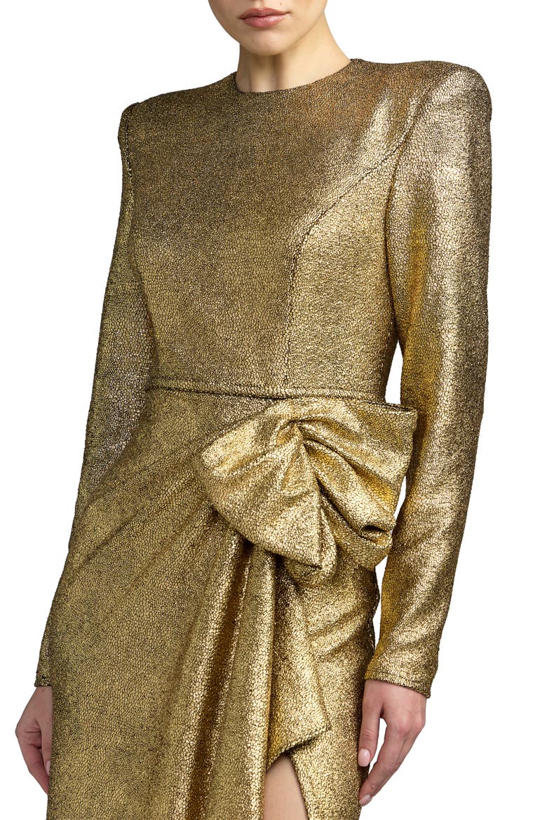 Metallic Long Sleeve Structured Bow Draped Gown, Alternate, color, Gold