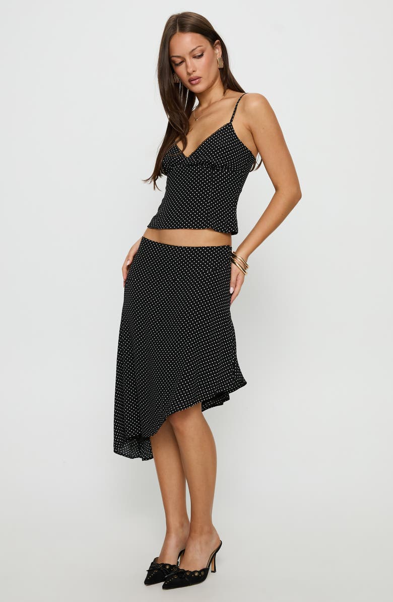 Princess Polly Cabernet Polka Dot Camisole & Asymmetric Skirt Set, Alternate, color, Black Polka