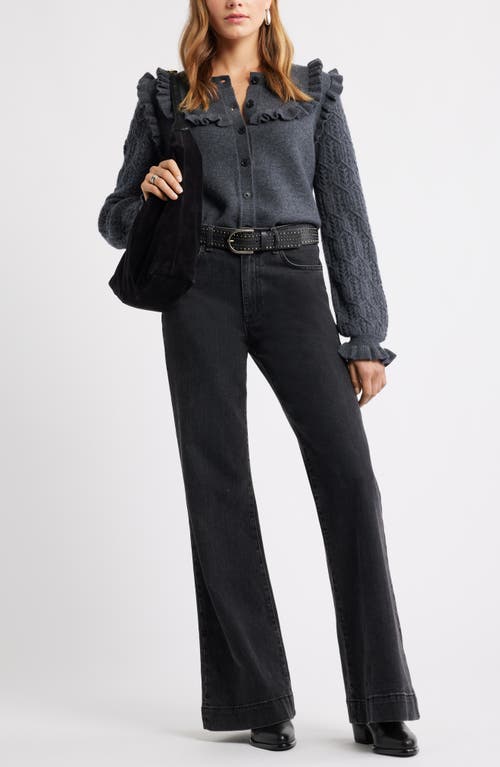 Treasure & Bond Ruffle Pointelle Cardigan In Black