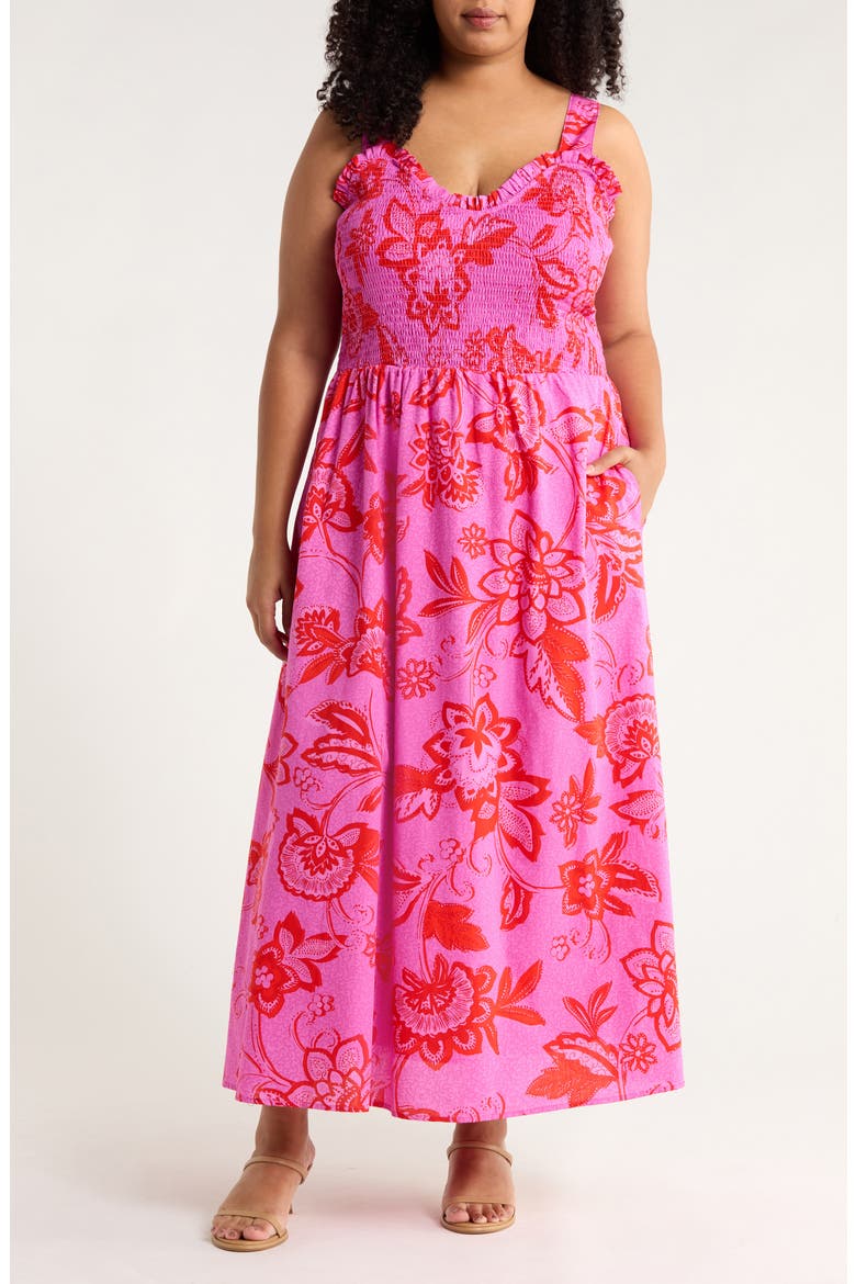 Weirly Floral Smocked Bodice Cotton Maxi Sundress, Main, color, PINK-RED-MULTI