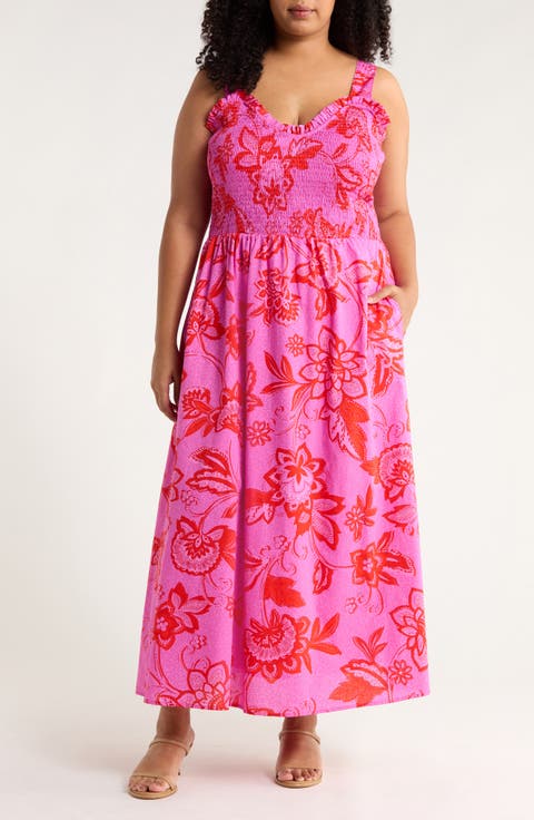 Weirly Floral Smocked Bodice Cotton Maxi Sundress (Plus)