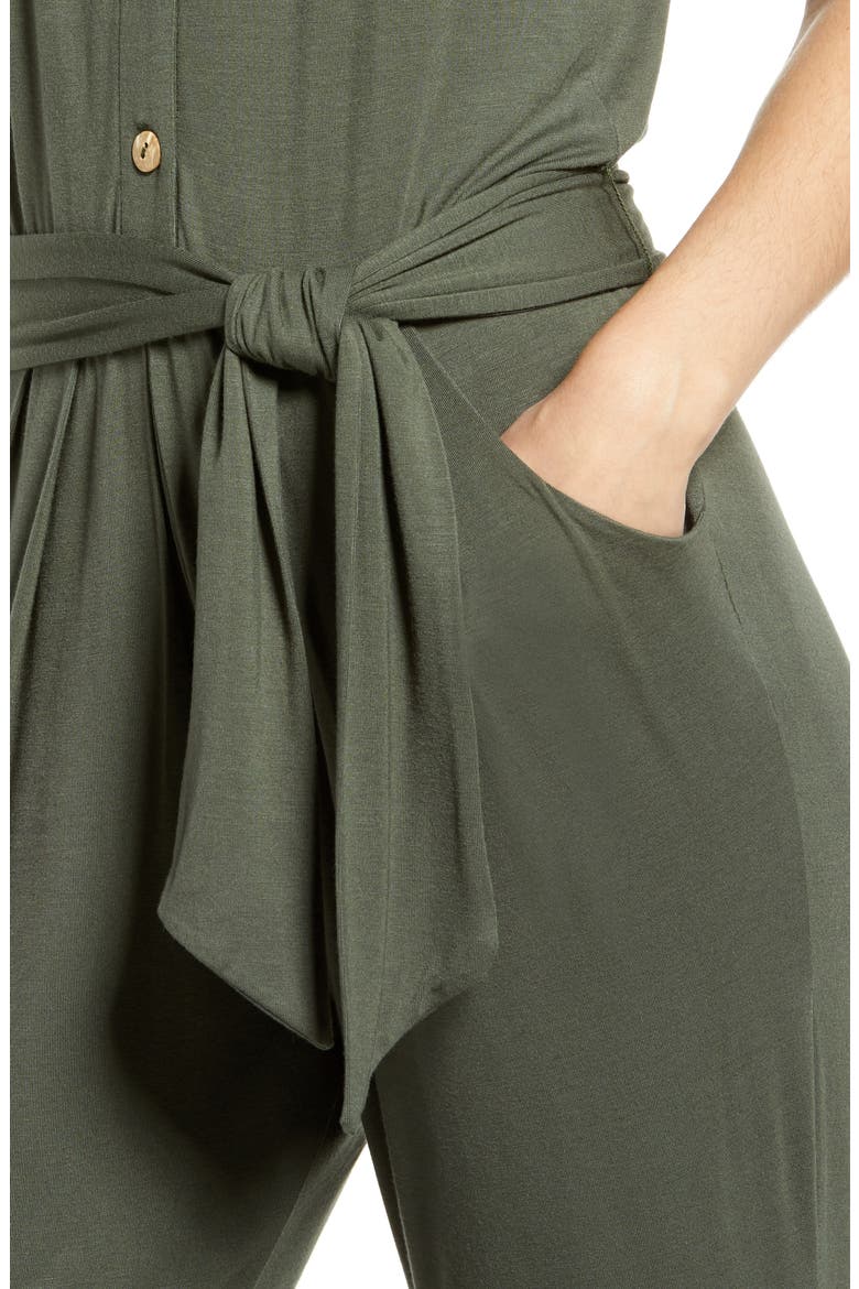Button Front Tie Jumpsuit, Alternate, color, DARK OLIVE