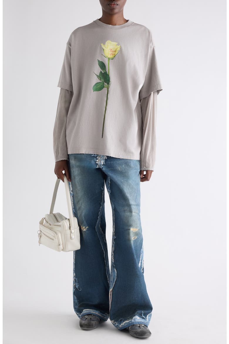 Layered Distressed Long Sleeve Organic Cotton Graphic T-Shirt, Alternate, color, LIGHT GREY