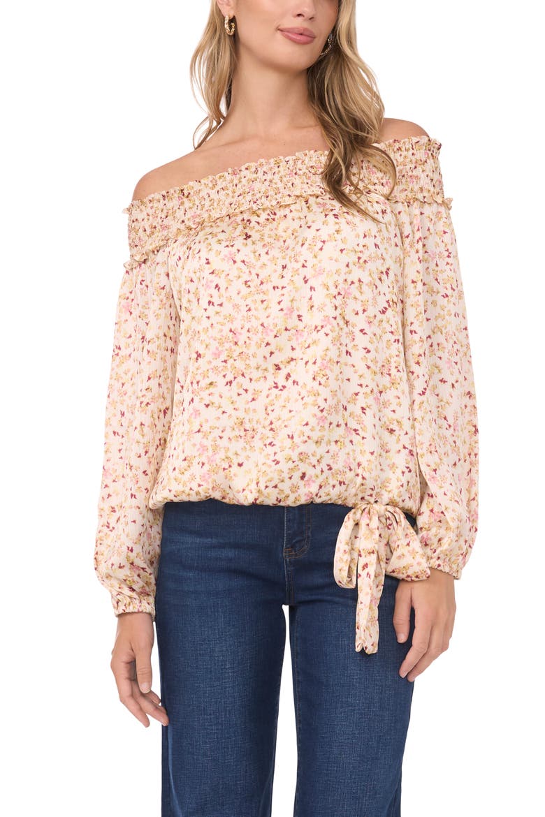 Print Tie Hem Off the Shoulder Top, Main, color, BIRCH