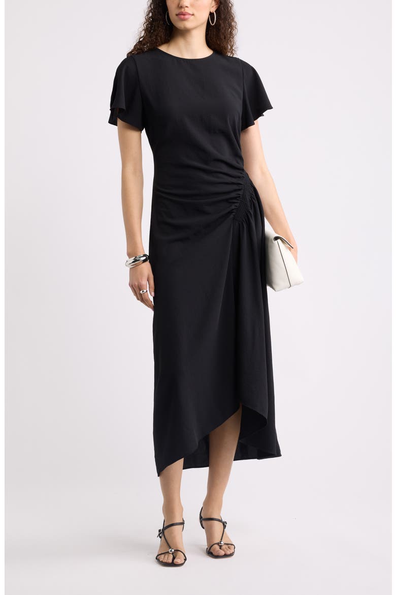 Split Sleeve Side Smocked Midi Dress, Alternate, color, BLACK