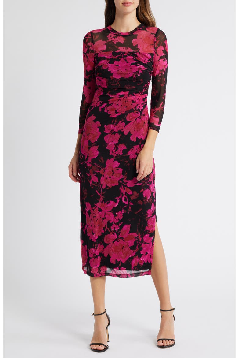 Print Ruched Mesh Midi Dress, Main, color, ANNE BLACK MULTI
