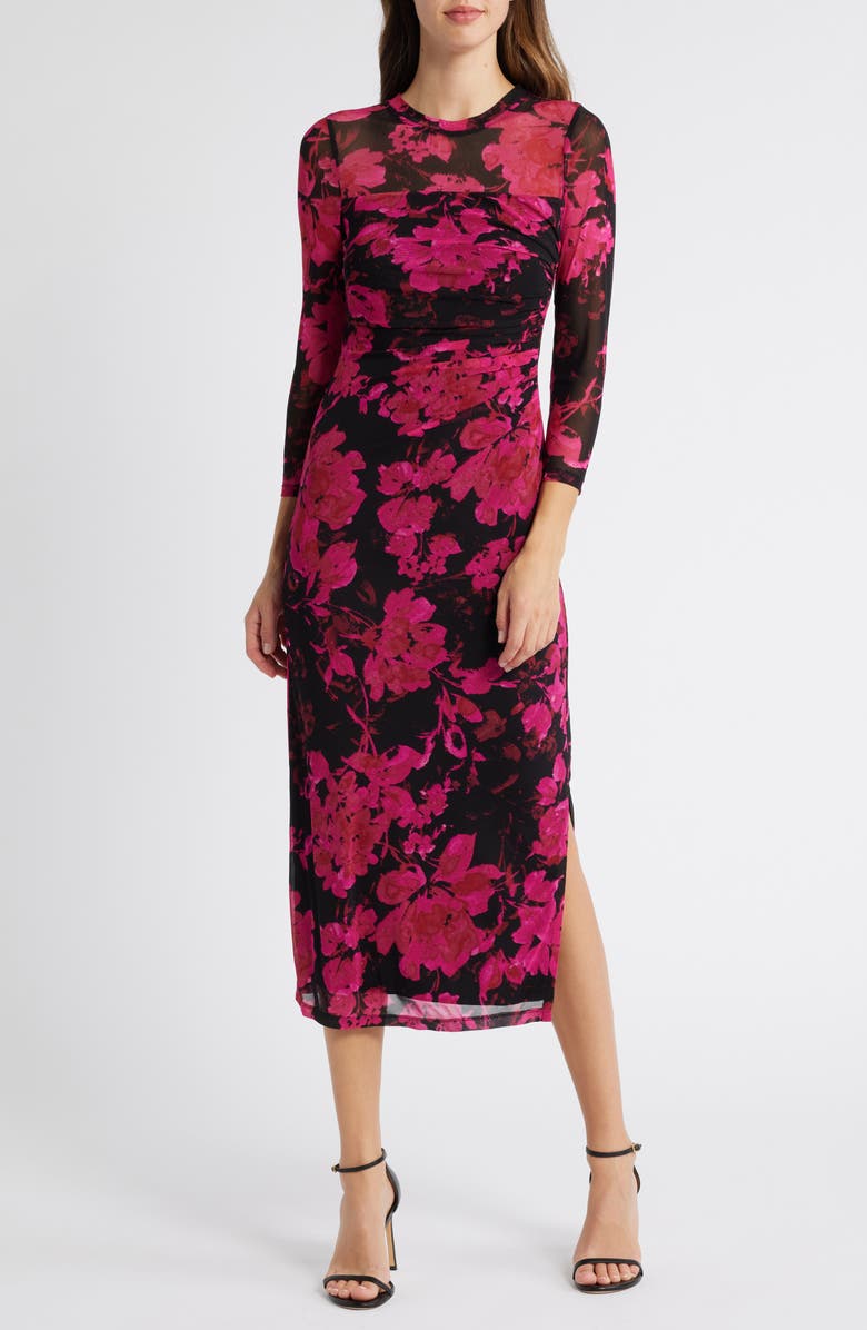 Anne Klein Print Ruched Mesh Midi Dress, Main, color,