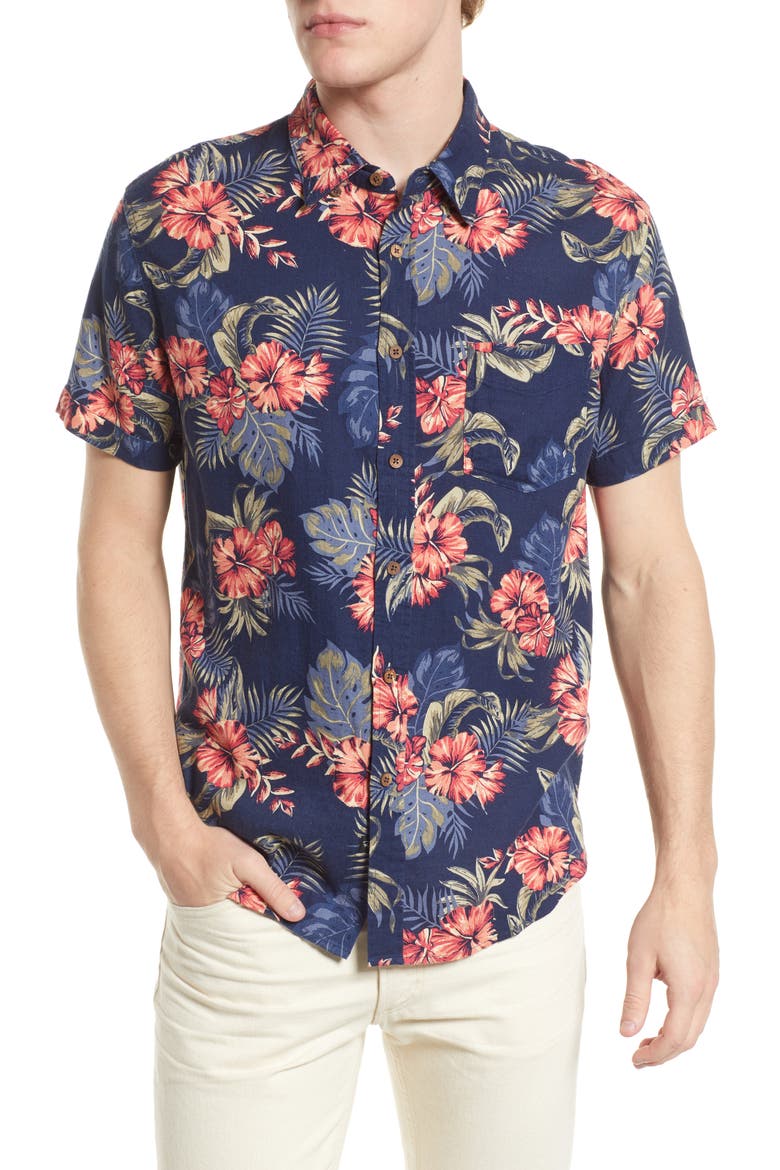 Carson Floral Linen Blend Button-Up Shirt, Main, color, LUAU PARADISE