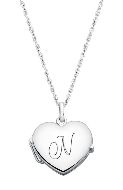 Sterling Silver Heart Locket & Engraved Initial 14-16" Necklace
