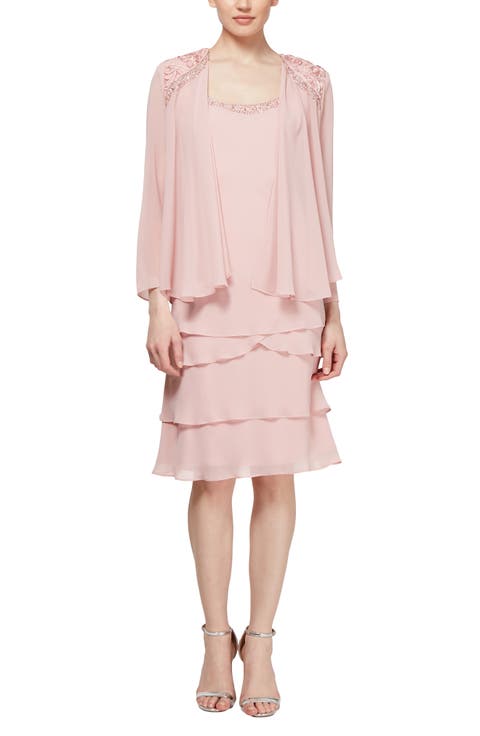 SLNY Tiered Chiffon Cocktail Dress with Jacket
