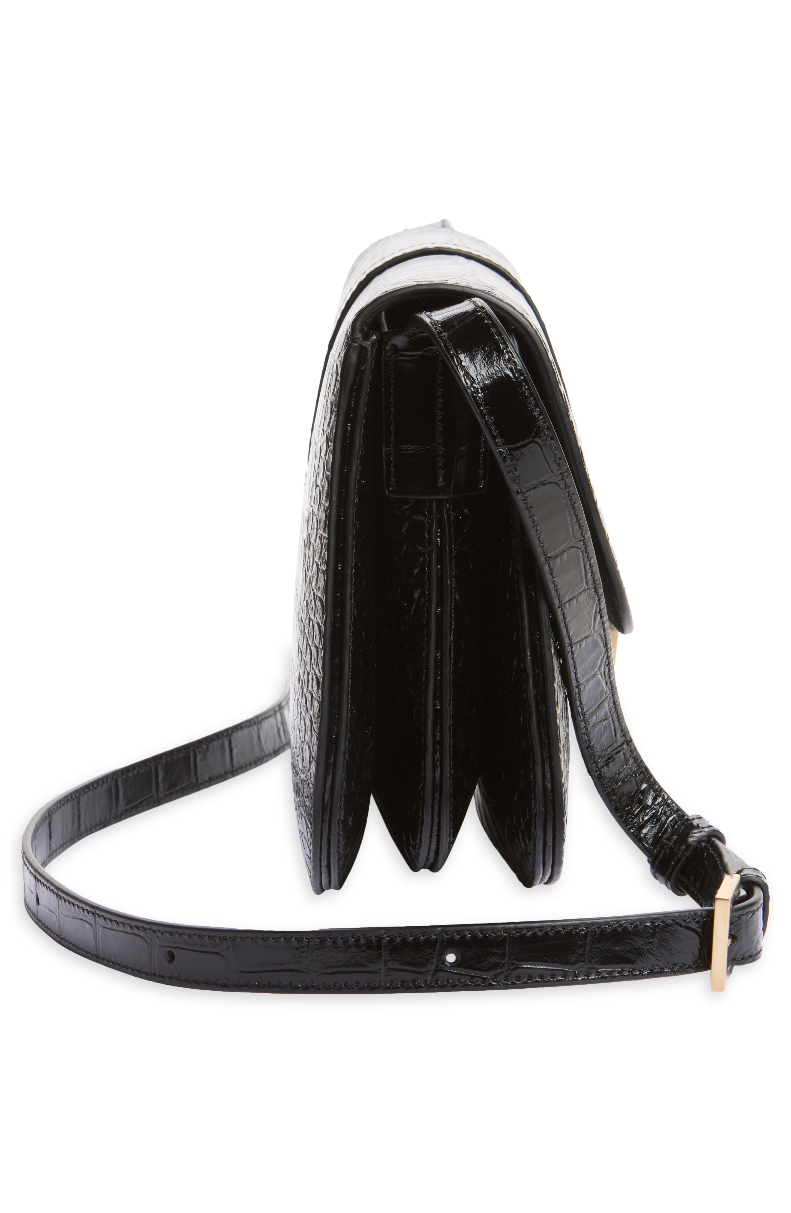 Kara Small Croc Embossed Leather Crossbody Bag, Alternate, color, BLACK