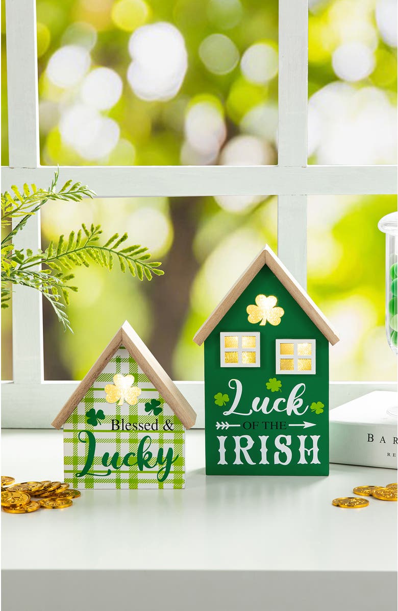 Glitzhome Set of 2 Lighted St. Patrick's Wooden House-shaped Table Decor, Alternate, color, Green