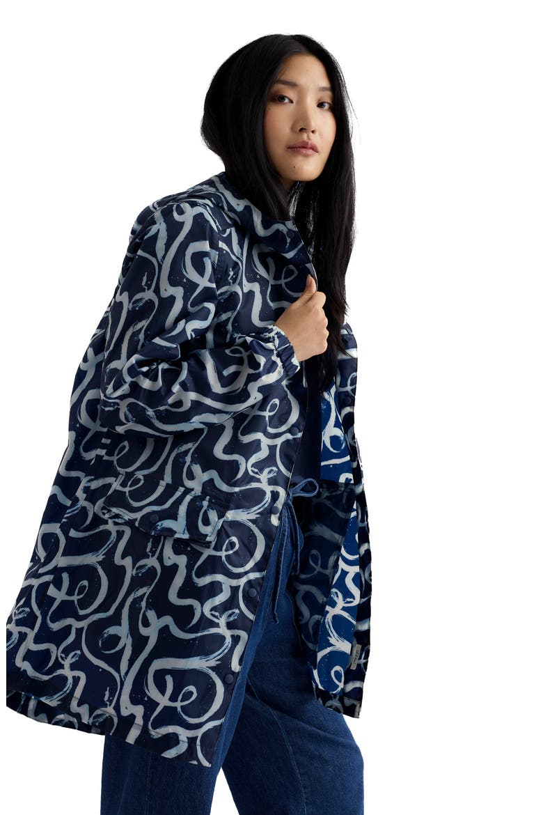 Packable Waterproof Hooded Raincoat, Alternate, color, INK STROKES MARITIME