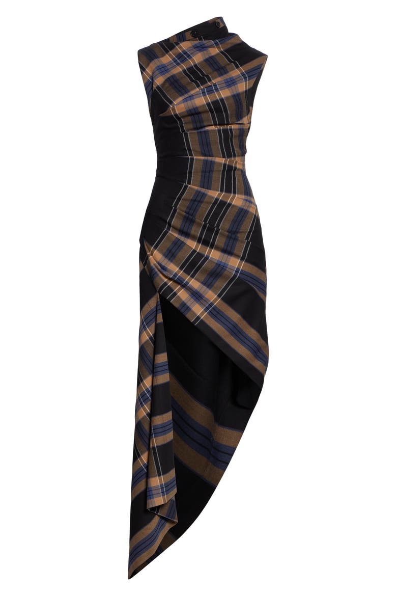 Asymmetrical Pleated Plaid Midi Dress, Alternate, color, PLAID MULTI