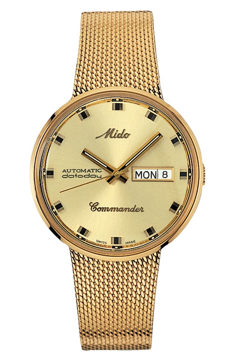 MIDO Commander Automatic Mesh Strap Watch, 37mm, Main, color, Gold/ Yellow/ Gold