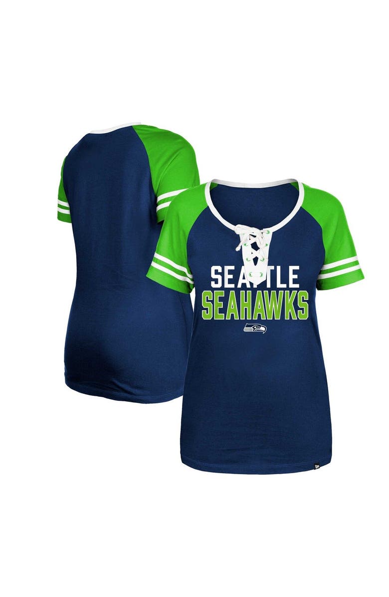 New Era Women's New Era College Navy Seattle Seahawks Raglan Lace-Up T-Shirt, Main, color, 