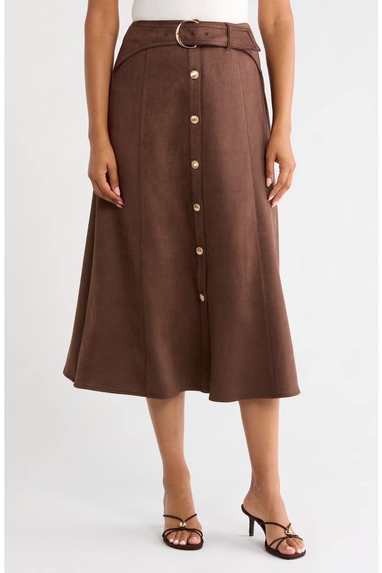 Button Front Faux Suede Midi Skirt, Main, color, COFFEE BEAN