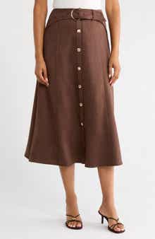 Button Front Faux Suede Midi Skirt