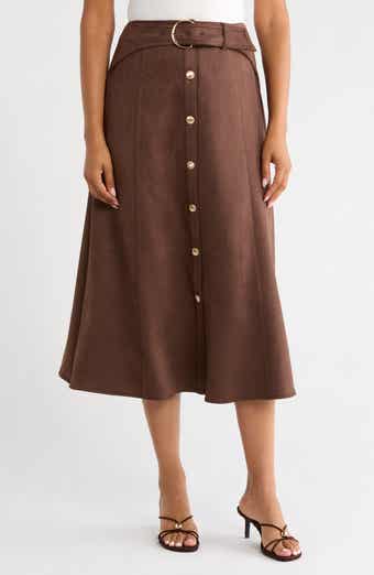Button Front Faux Suede Midi Skirt