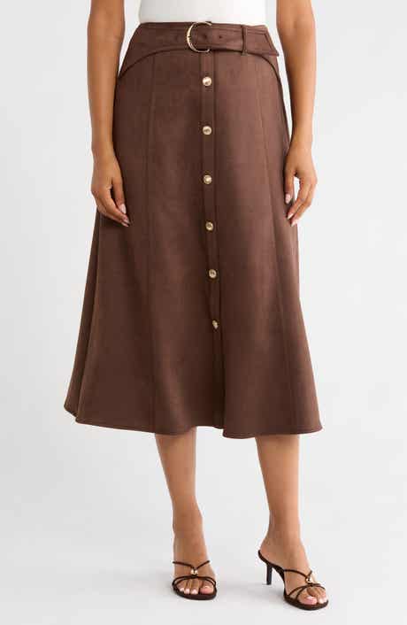 Button Front Faux Suede Midi Skirt