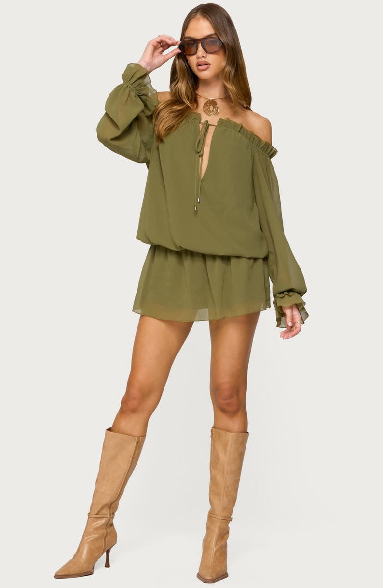 EDIKTED Delphine Off the Shoulder Long Sleeve Chiffon Romper, Alternate, color, Olive