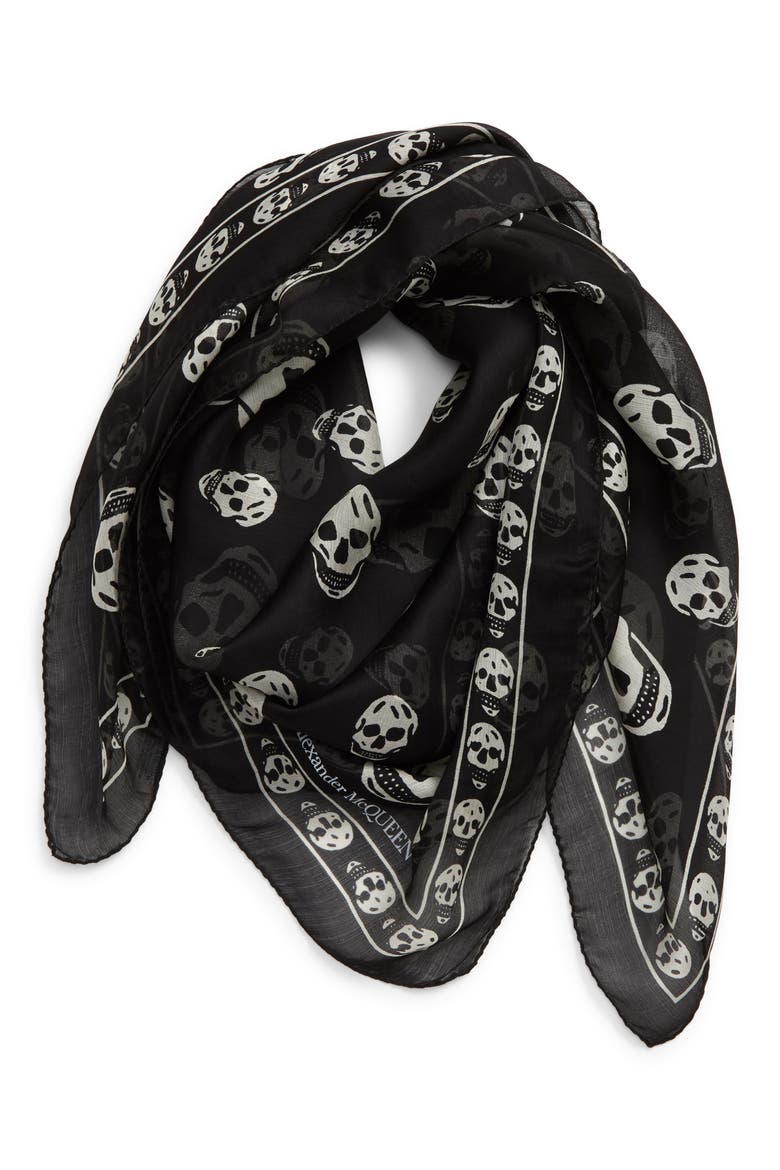 Alexander McQueen Skull Silk Scarf, Alternate, color, BLACK/ IVORY