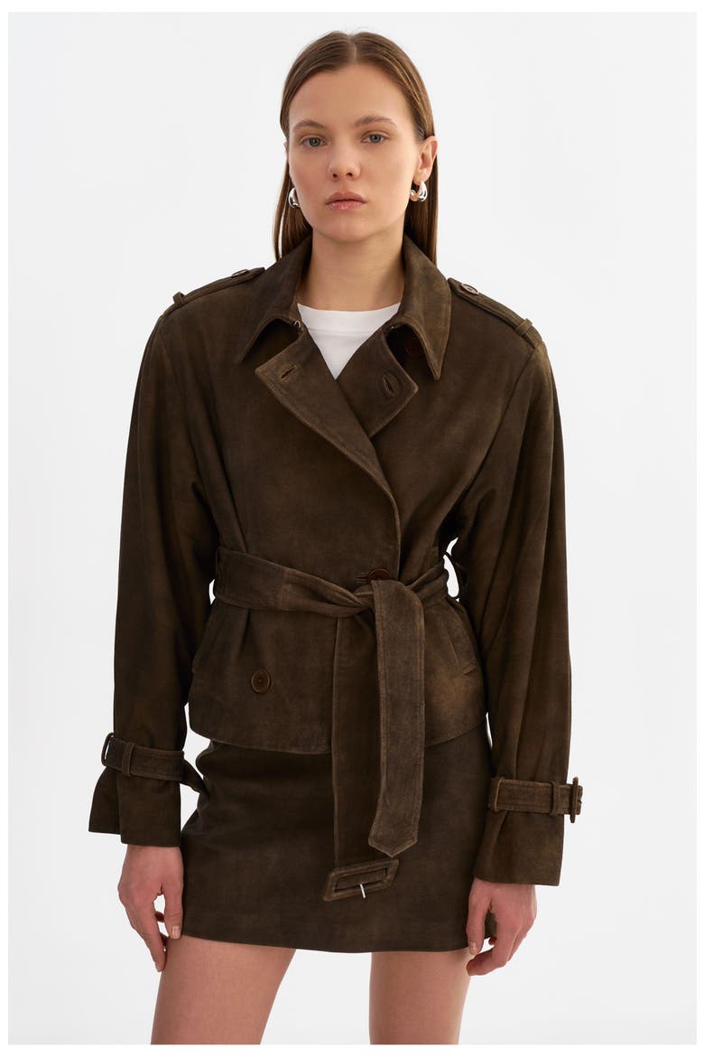 Dhana | Suede Trench Jacket, Main, color, Distressed Brown