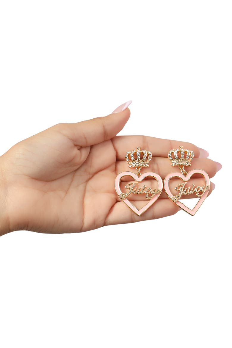 "Juicy" Gold-Tone Crown & Pink Heart Drop Earrings, Alternate, color, pink, gold
