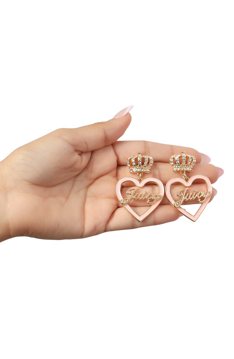 Juicy Couture "Juicy" Gold-Tone Crown & Pink Heart Drop Earrings, Alternate, color, Pink, Gold