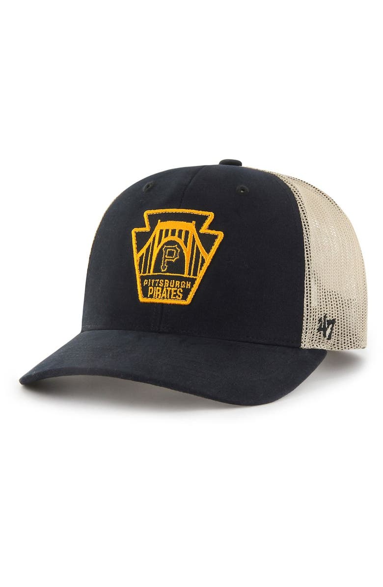 '47 Men's '47 Black/Natural Pittsburgh Pirates Roberto Clemente Bridge Local Haven Trucker Snapback Hat, Main, color, 