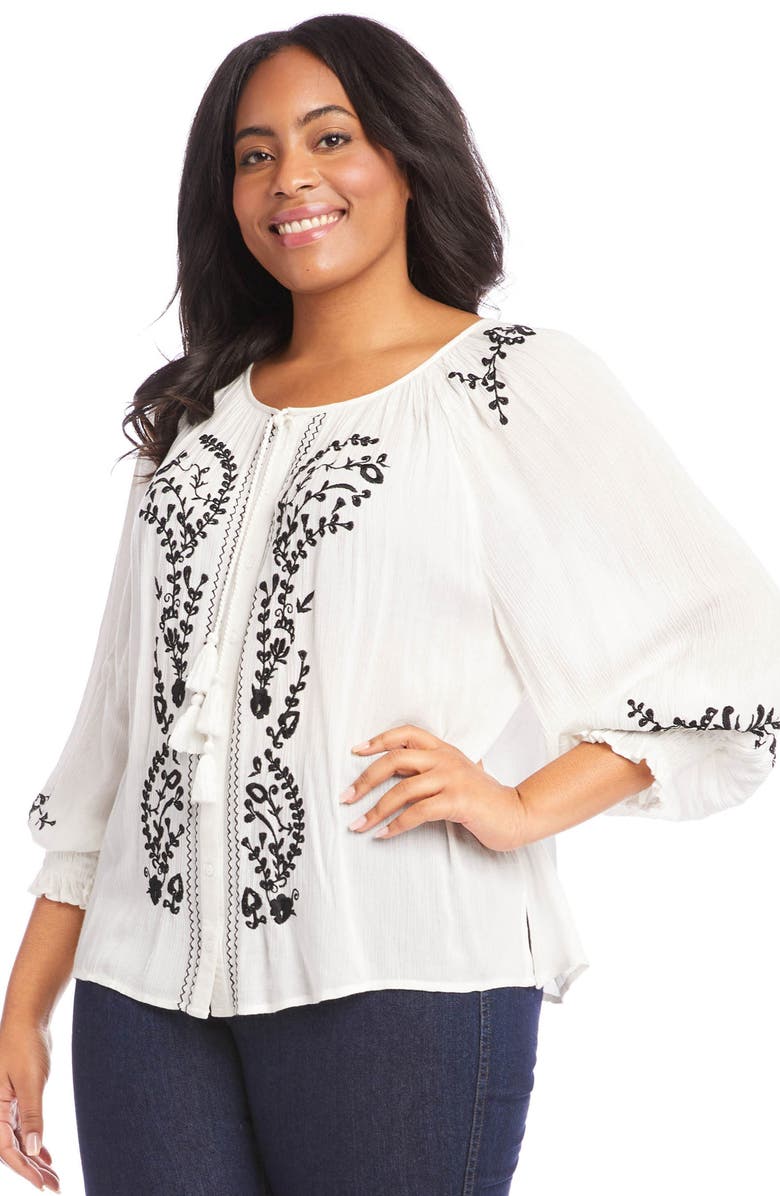 Karen Kane Embroidered Tie Neck Button-Up Peasant Blouse, Alternate, color,