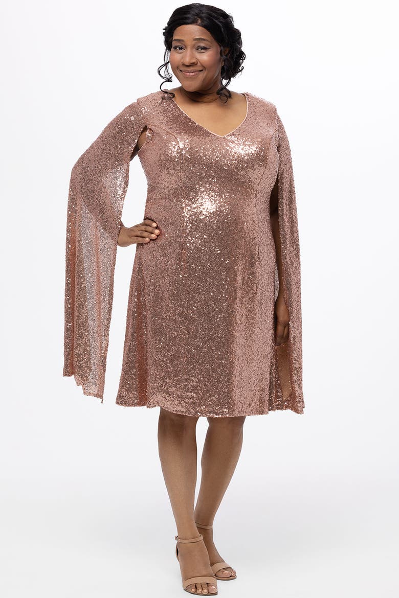 Sequin V-Neck Cape Sleeve Plus Size Party Dress, Main, color, Rose Gold