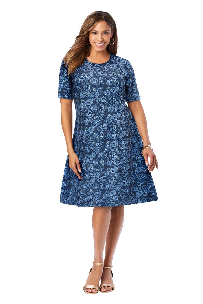 Stretch Ponte Flare Dress, Main, color, NAVY DANCING BATIK