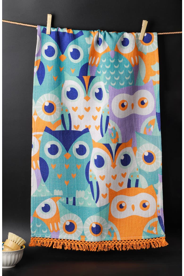 Whimsical Owl Set of 3 Kitchen Towels, Alternate, color, BRIGHT BLUE/ ORANGE/