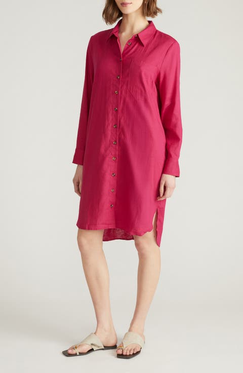 Seaside Long Sleeve Linen Blend Shirtdress (Plus)