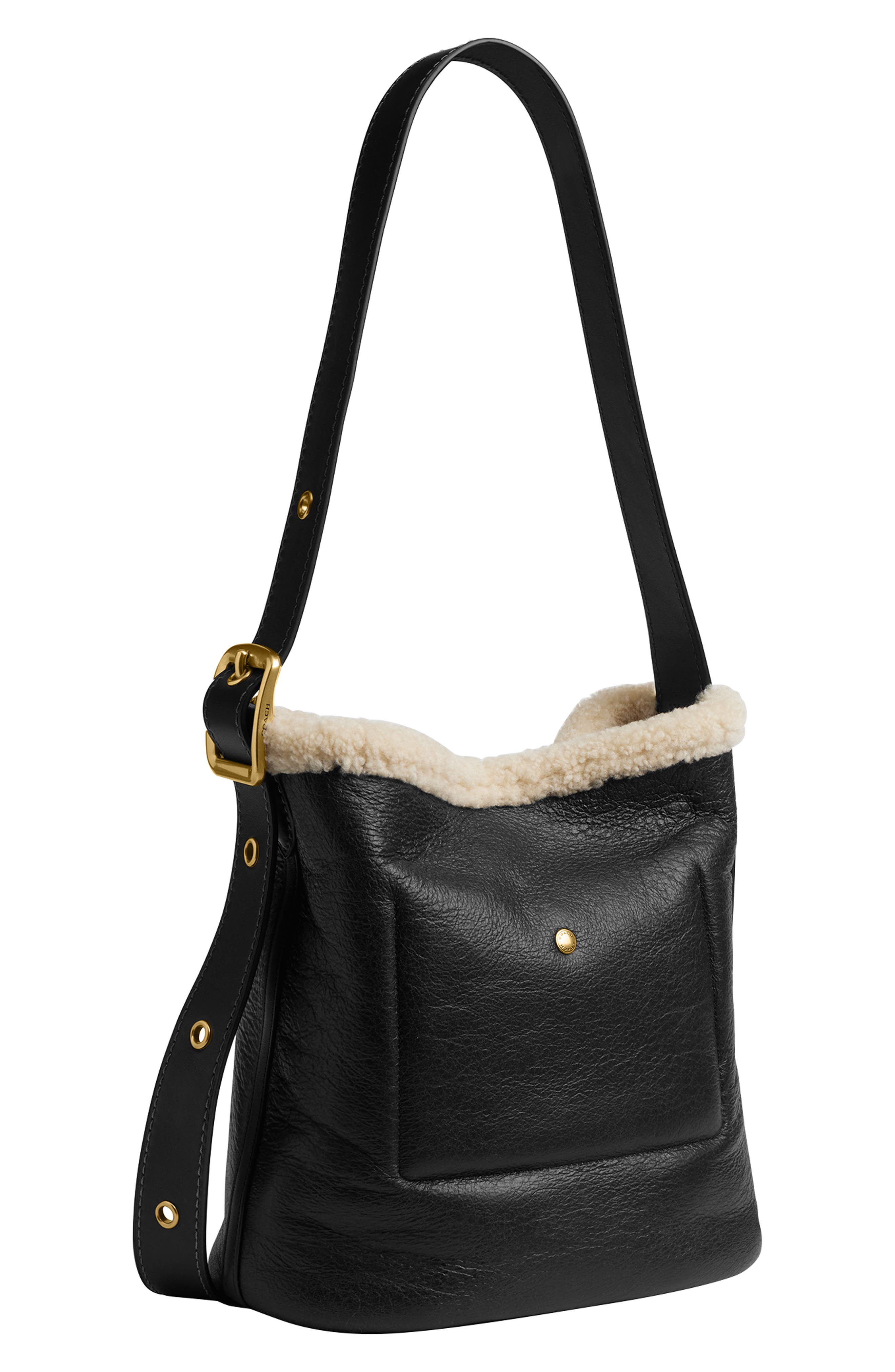 COACH Bleecker Bucket Bag with Genuine Shearling Trim, Alternate, color, B4/ Black Natural